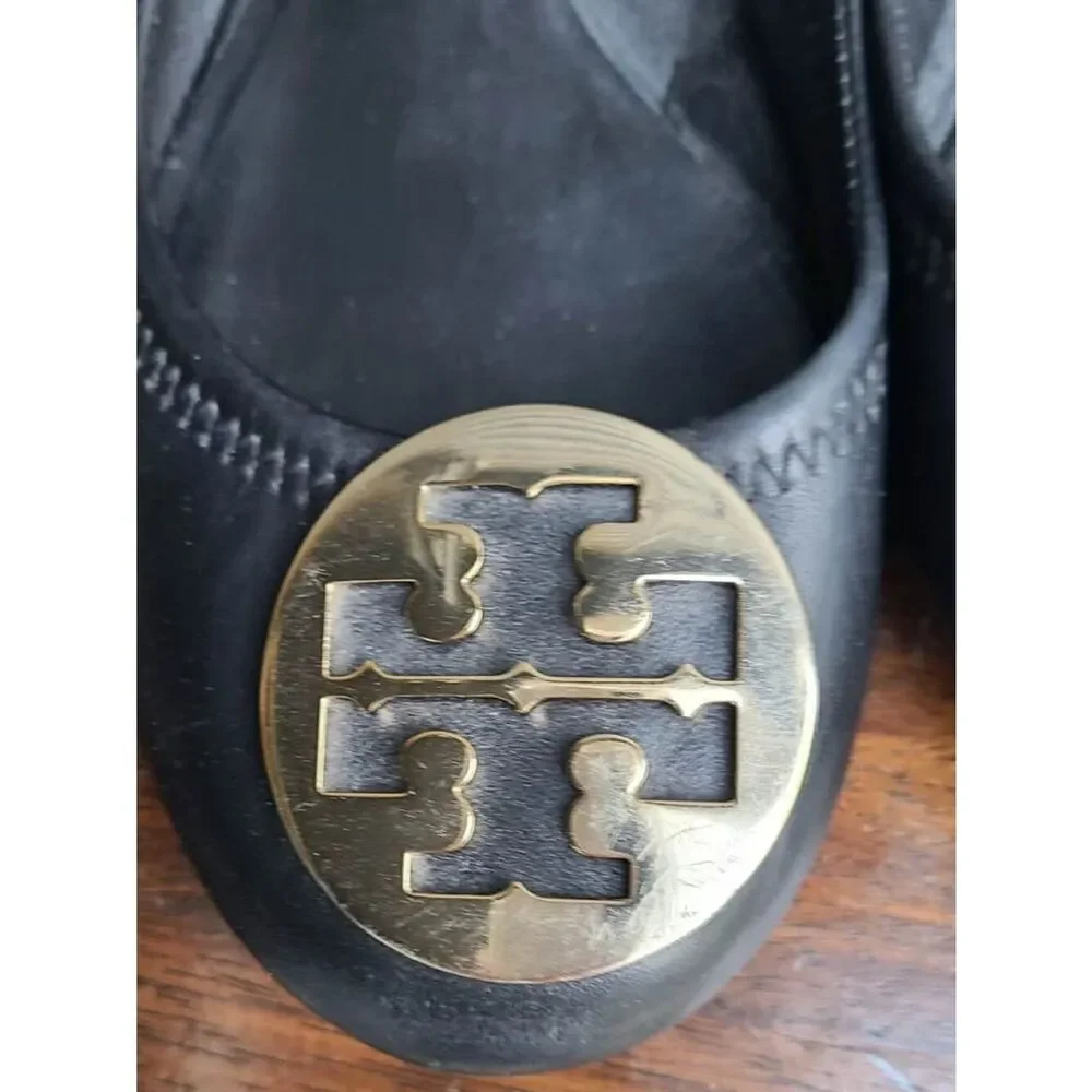 Tory Burch Black Reva Black Leather Ballet with Gold Logo size 9M
